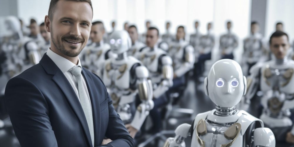 person-surrounded-by-ai-robots-coworkers
